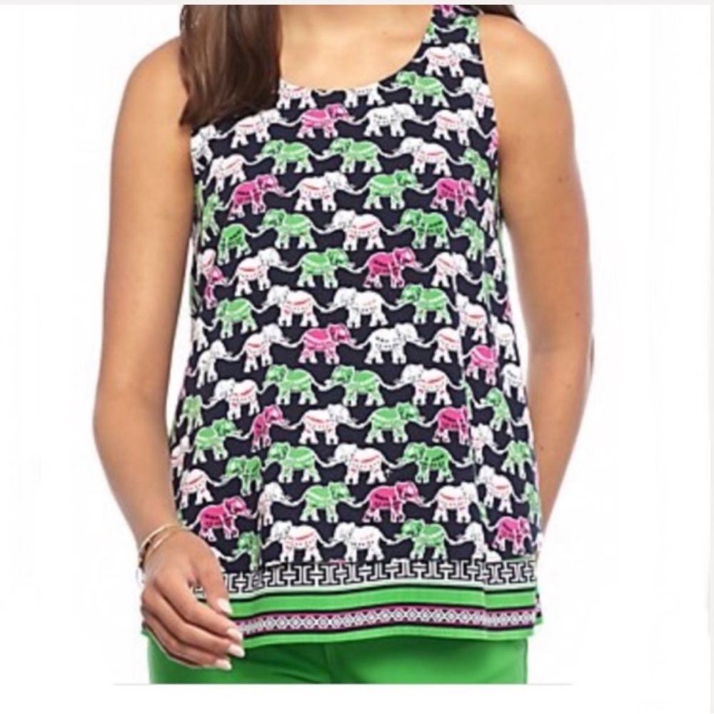 Crown Ivy Layered Tank Split Back Swing Top Navy Pink Green White Elephants XS